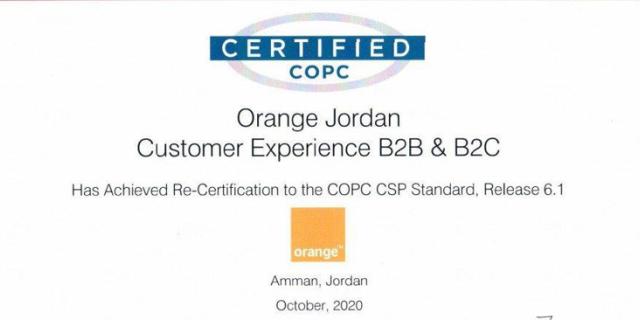 Orange Jordan receives COPC certificates, the highest recognition in customer service